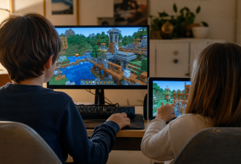 Chicos jugando videojuegos online en una computadora y una tablet