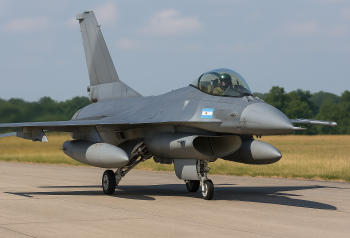 Caza F-16 argentino sobre una pista con insignia nacional.