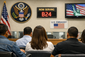 Personas esperando en una oficina de la Embajada de Estados Unidos, con símbolos del país al fondo.